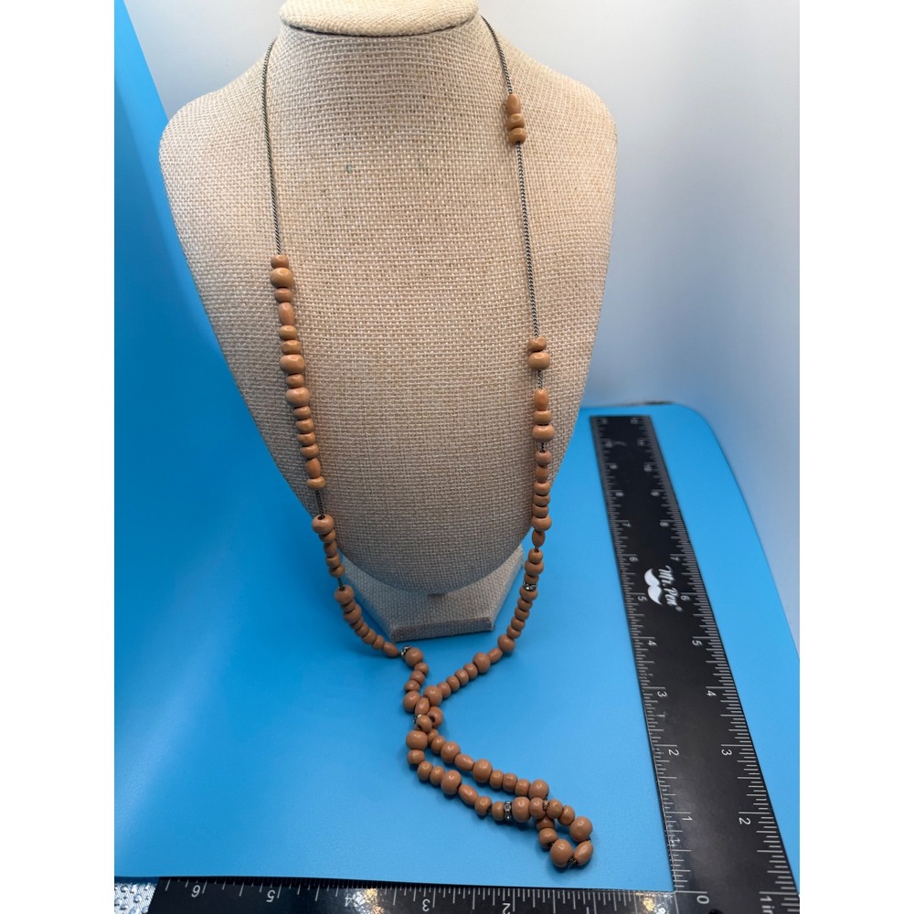 J.‎ Crew Long Beaded Necklace Silver Tone Chain Tan Wood Beads Crystal Accents
